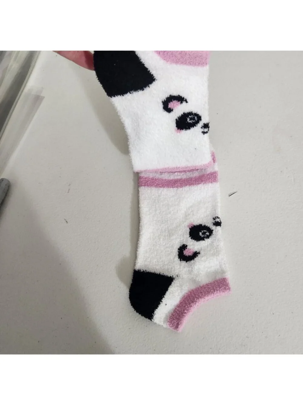 Snugadoo Womens Fuzzy Crew Socks One Size White Panda Striped Plush Cozy